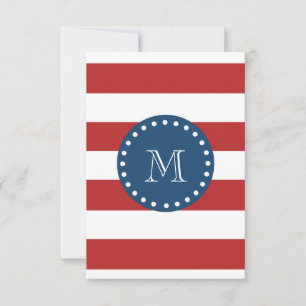 Invitation Motif Red White Stripes, monogramme bleu de la mar