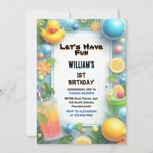 Invitation Motif Splash Bubbles Summer Duck Foam 1er annivers (Devant)