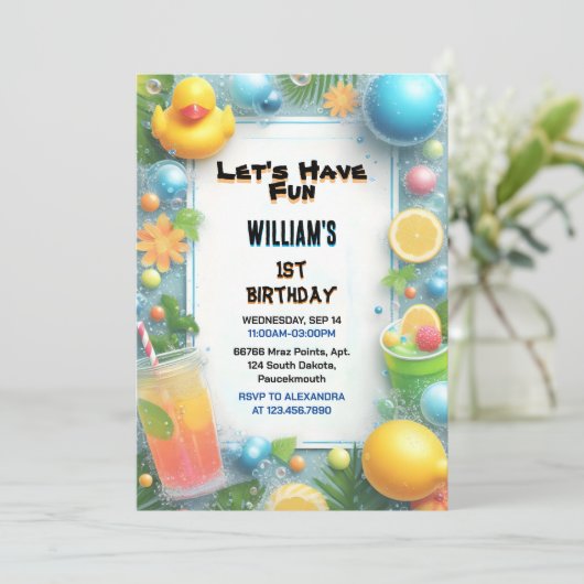 Invitation Motif Splash Bubbles Summer Duck Foam 1er annivers (Debout devant)