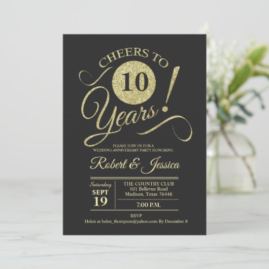 Invitation Motif tableau noir 10e anniversaire de mariage or (Debout devant)