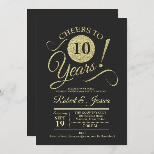 Invitation Motif tableau noir 10e anniversaire de mariage or (Devant / Derrière)
