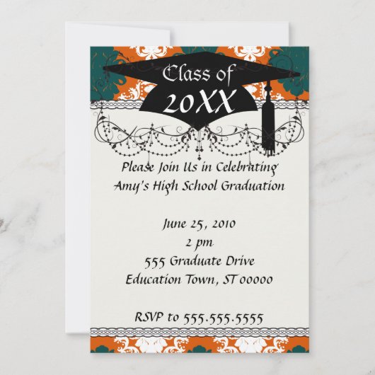 Invitation motif turquoise orange blanc damassé (Devant)