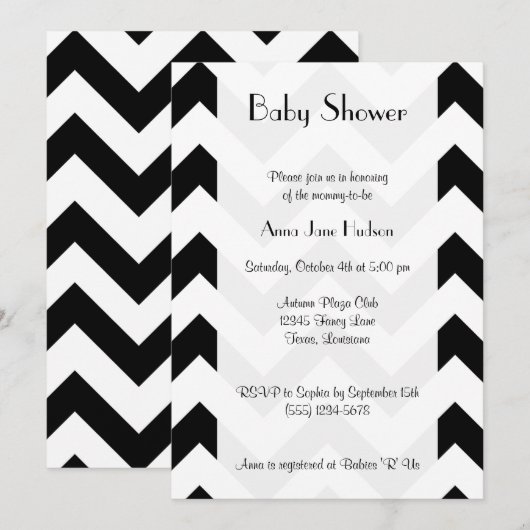 Invitation Motif Zigzag noir et blanc, Baby shower (Devant / Derrière)