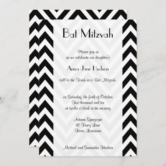 Invitation Motif Zigzag noir et blanc, Bat mitzvah (Devant / Derrière)