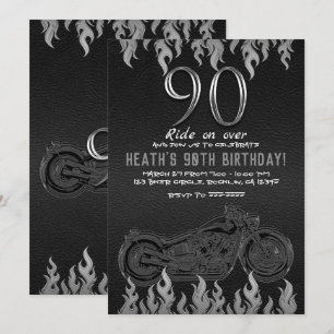 Invitation Moto argentée en cuir noir 90e anniversaire 90 ans