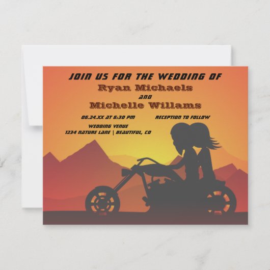 Invitation Moto Couple Mountain Sunset/Sunrise Mariage (Devant)