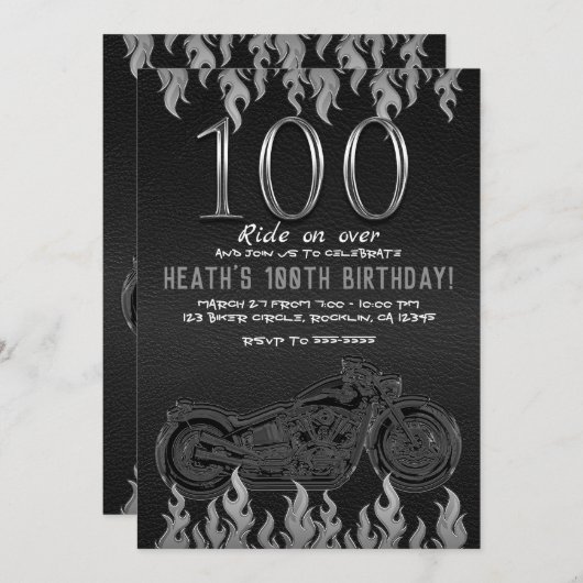 Invitation Moto en cuir noir en argent 100E 100 Anniversaire (Devant / Derrière)