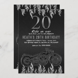 Invitation Moto en cuir noir en argent 20E 20 Anniversaire