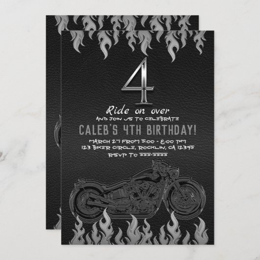 Invitation Moto en cuir noir en argent 4 4e anniversaire (Devant / Derrière)