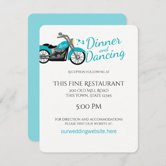 Invitation Moto et Coeurs Aqua Mariage Réception (Devant / Derrière)