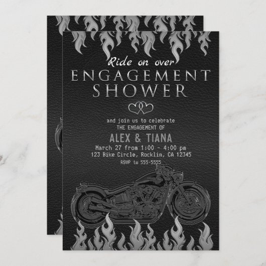 Invitation Moto Fiançailles en cuir noir Silver Douche (Devant / Derrière)