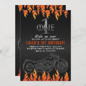 Invitation Moto Flames en cuir et orange 1 1er anniversaire (Devant / Derrière)