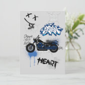 Invitation Moto graffiti gris bleu et noir (Debout devant)