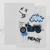 Invitation Moto graffiti gris bleu et noir (Devant / Derrière)