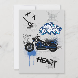 Invitation Moto graffiti gris bleu et noir