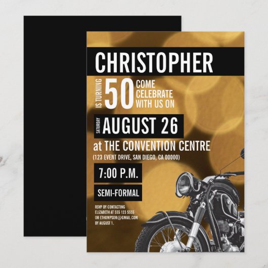 Invitation Moto moderne thème 50e anniversaire Golden (Devant / Derrière)