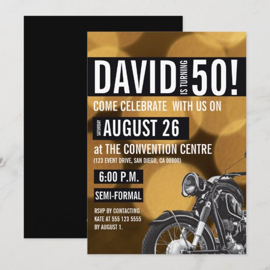 Invitation Moto thème, 50ème anniversaire, Or et noir (Devant / Derrière)