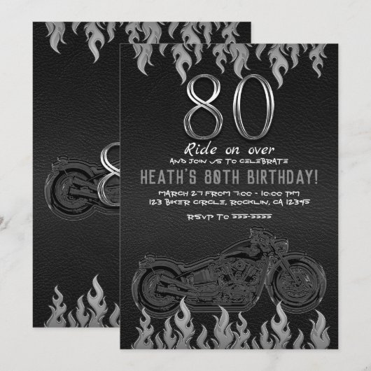 Invitation Motocyclette en cuir noir 80E 80 Anniversaire (Devant / Derrière)