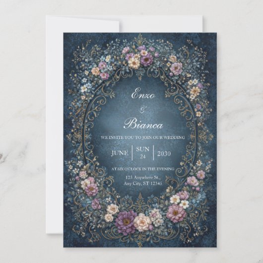 Invitation Mottled Indigo Royal Ornate Oval Wedding (Devant)