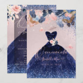 Invitation Mouches à papillons Quinceanera Blush Marine Parti (Devant / Derrière)