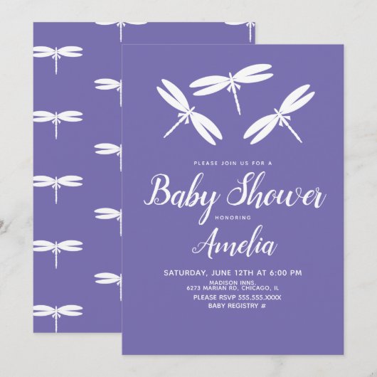 Invitation Mouches mignonnes Baby shower blanc violet (Devant / Derrière)