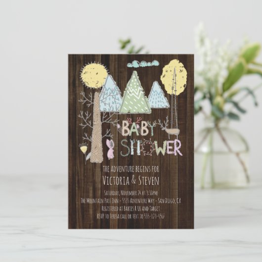 Invitation Mountain Adventure Baby shower aquarelle forêt (Debout devant)