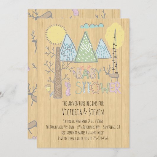 Invitation Mountain Adventure Baby shower aquarelle forêt (Devant / Derrière)