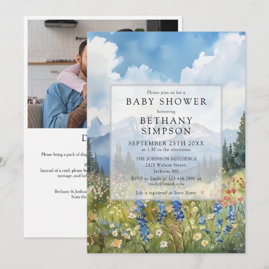 Invitation Mountain Floral Meadow Photo QR Code Baby Shower (Devant / Derrière)