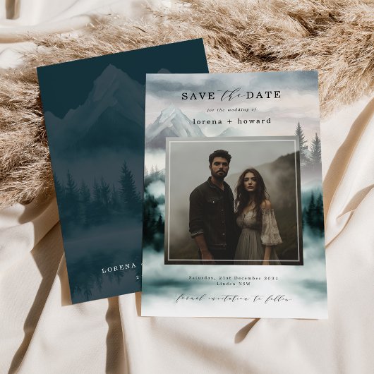 Invitation Mountain Fog Pine Forest Save the Date Photo