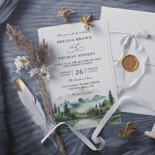 Invitation Mountain Forest Lake Rustic Budget QR Code Wedding