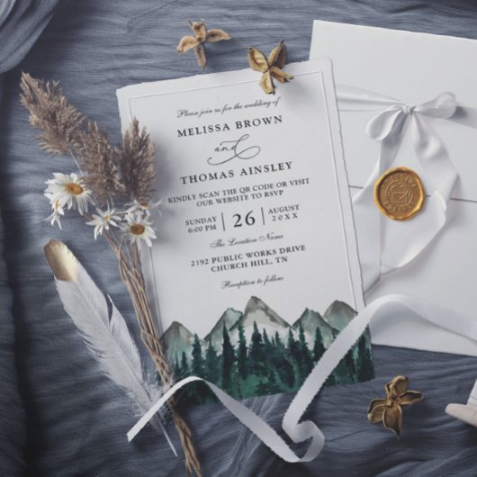 Invitation Mountain Forest Rustic Budget QR Code Wedding