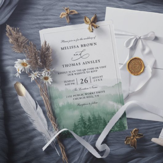 Invitation Mountain Forest Rustic Tree Budget QR Code Wedding
