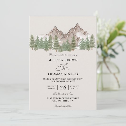 Invitation Mountain Forest Tree Rustic Budget QR Code Wedding (Debout devant)