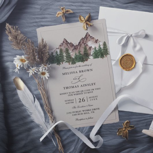Invitation Mountain Forest Tree Rustic Budget QR Code Wedding