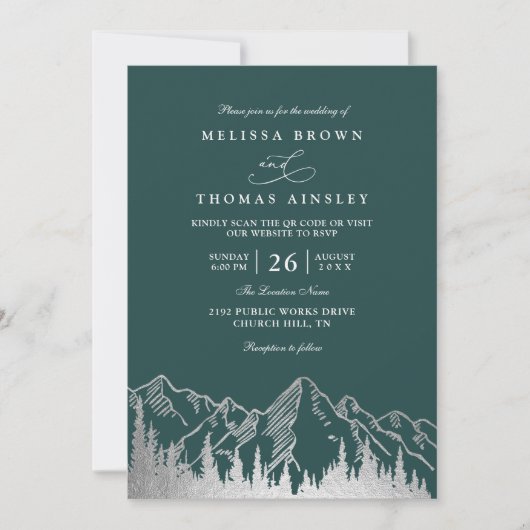 Invitation Mountain Forest Trees Pine Rustic QR Code Wedding (Devant)