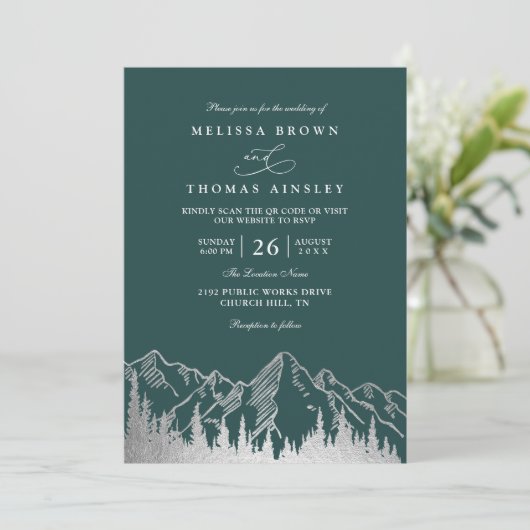 Invitation Mountain Forest Trees Pine Rustic QR Code Wedding (Debout devant)