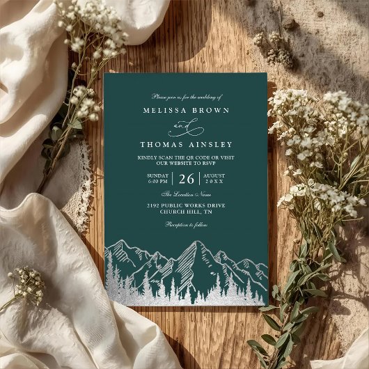 Invitation Mountain Forest Trees Pine Rustic QR Code Wedding