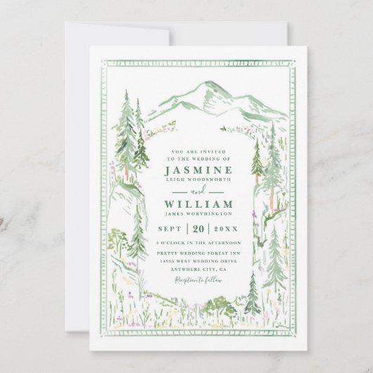 Invitation Mountain Forest Trees Rustic QR Code Wedding (Devant)