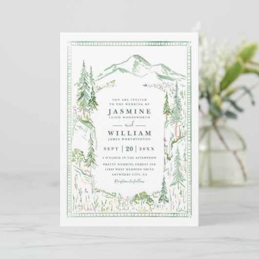 Invitation Mountain Forest Trees Rustic QR Code Wedding (Debout devant)