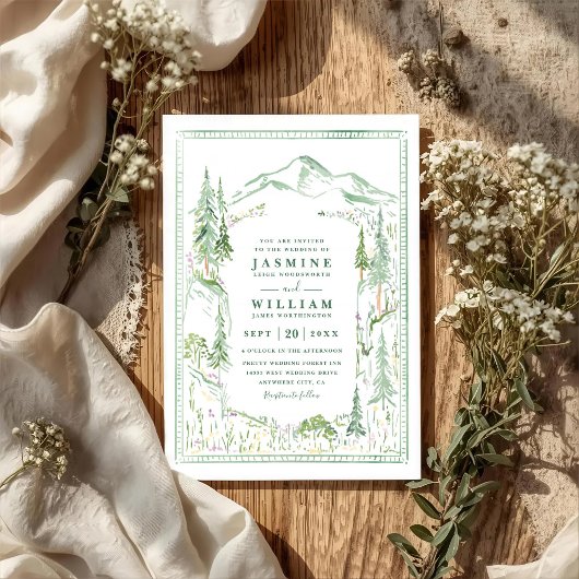 Invitation Mountain Forest Trees Rustic QR Code Wedding