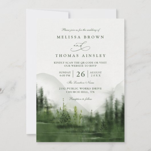 Invitation Mountain Forest Trees Rustic QR Code Wedding (Devant)