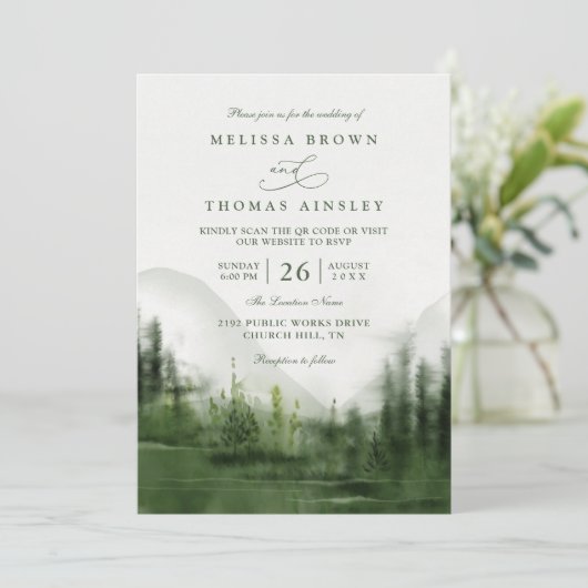 Invitation Mountain Forest Trees Rustic QR Code Wedding (Debout devant)