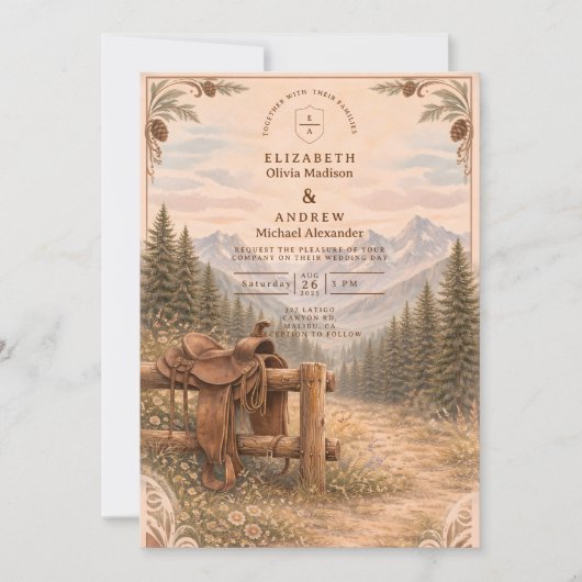 Invitation Mountain Forest Western Saddle Wedding (Devant)
