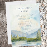 Invitation Mountain Lake Adventure Commence Couples Douche<br><div class="desc">Couples de montagne douche invitation avec aquarelle pittoresque design dans les tons bleu et vert poussiéreux. Le paysage au bord du lac comprend des montagnes, de la verdure et des pins, le lac et un ciel clair. Tout le texte est modifiable, y compris le titre "l'aventure commence" et vous pouvez...</div>