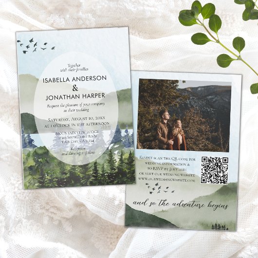 Invitation Mountain Lake Forest Photo QR Code Mariage extérie