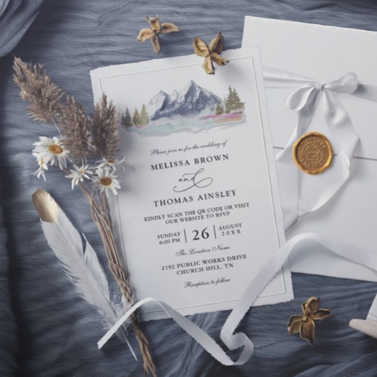 Invitation Mountain Lake Forest Rustic Budget QR Code Wedding