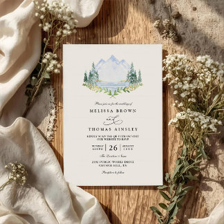 Invitation Mountain Lake Forest Tree Rustic QR Code Wedding