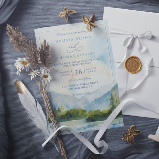 Invitation Mountain Lake Watercolor Pine Tree QR Code Wedding