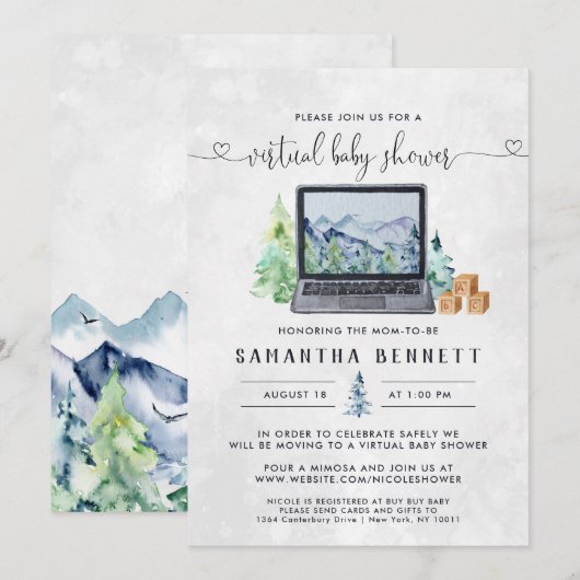 Invitation Mountain Laptop | Baby Shower Virtuel (Devant / Derrière)