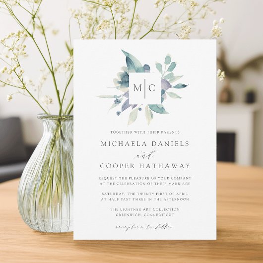 Invitation Mountain Meadow | Mariage de monogramme d'aquarell